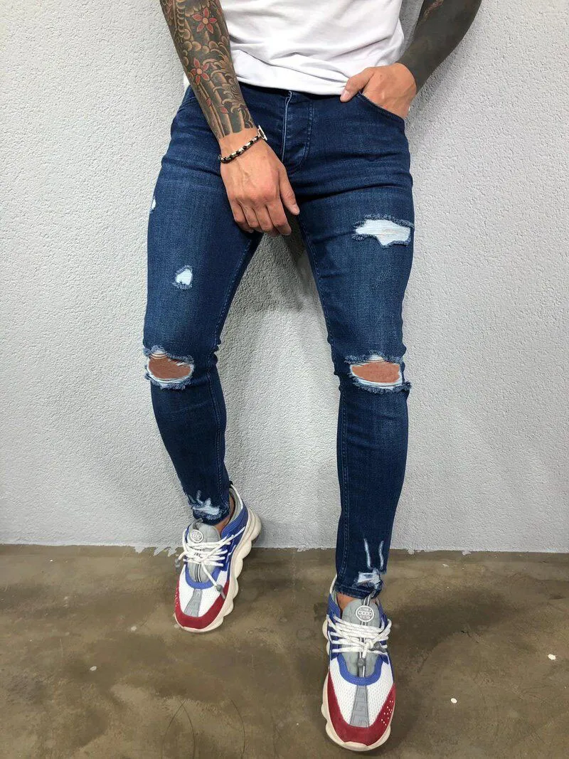 Jeans pour hommes Noir Bleu Cool Skinny Genou Trou Ripped Stretch Slim Élastique Denim Pantalon Couleur Solide High Street Style Pantalon Homme 29