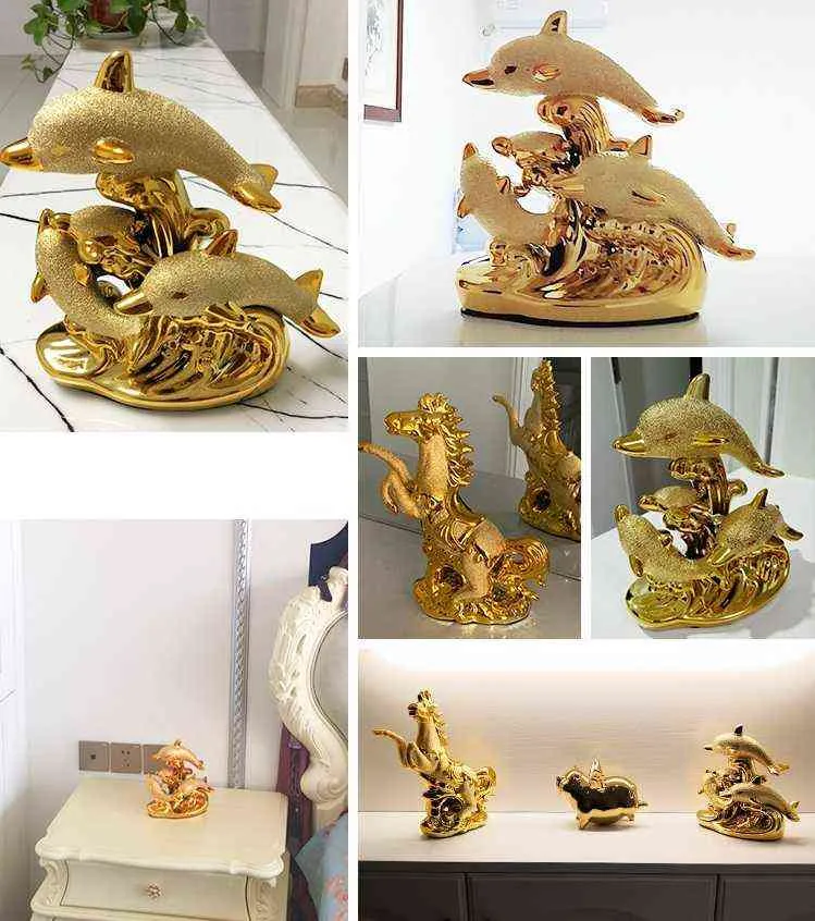 Europeiskt bröllop dekorerade hantverk keramiska kreativa rum dekoration hantverk guld delfiner häst dekorationer 211101