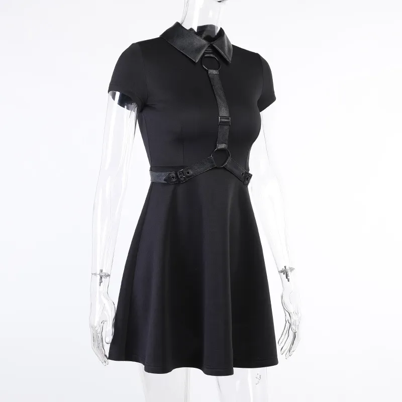Harajuku zwarte vrouwen shirt jurk punk gothic slanke riem es grunge hip hop korte mouw hoge taille mini zomer 210517