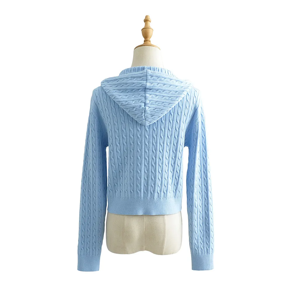 Autumn 90s Vintage Striped Twist Knitting Hooded Cardigan Cropped Women Pockets Zipper Sweater Long sleeve Short Jumper 210429