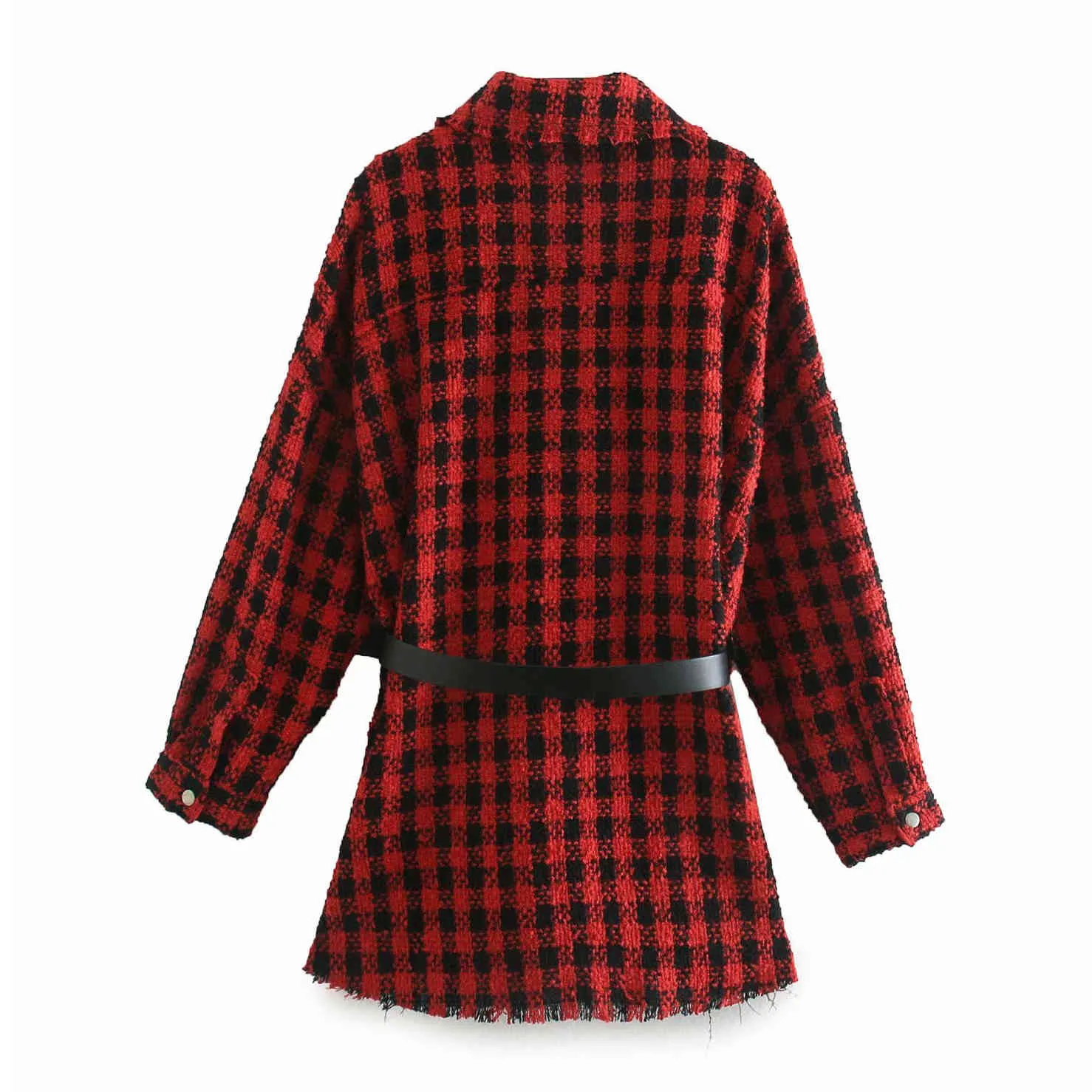 BLSQR Fashion With Belt Tweed Jacket Coat Women Long Sleeve Frayed Tassel Female Outerwear Chic Plaid Pocket Tops 210430