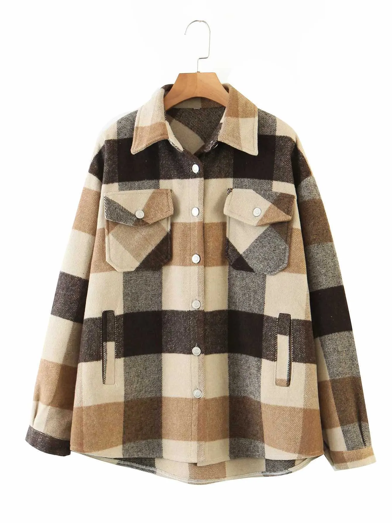 vintage green lattice shirt jackets loose plaid coat winter plus size casual women jacket 211014