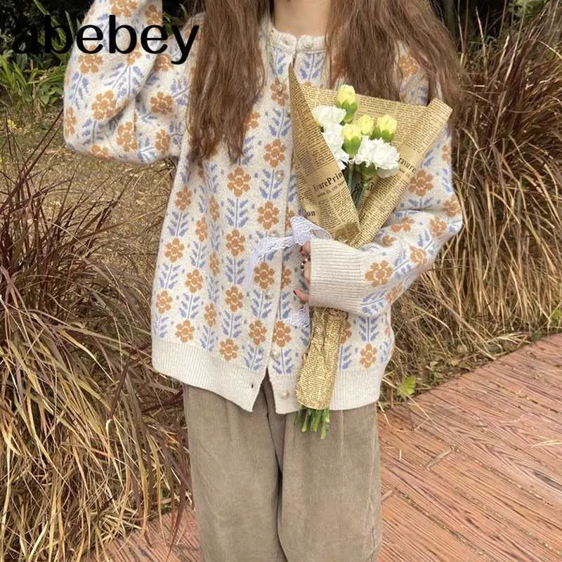 Spring Autumn Women Young Style Prairie Chic Flowers Raglan Sleeve Floral Harajuku Sweater Knitted Cardigan Jumpers Thin clothes 210715