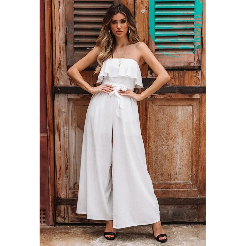 ISAROSE Summer Off Shoulder Jumpsuit Strapless Fashion Sleeveless Ruffle Collar Loose Jumpuits Wide Leg Romper Long Trouser 210422