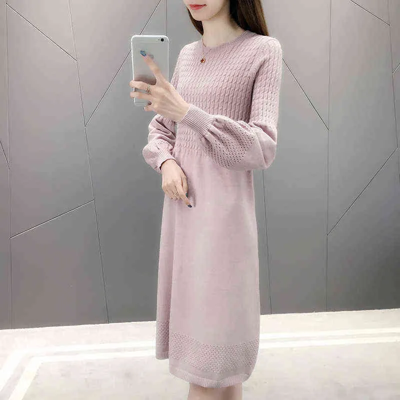 Stor storlek Lös solid Casual O-Neck A-Line Höst Vintertröja Klänning Kvinnlig Klänning Sweater Bottoming Maternity Spring Dress G1214