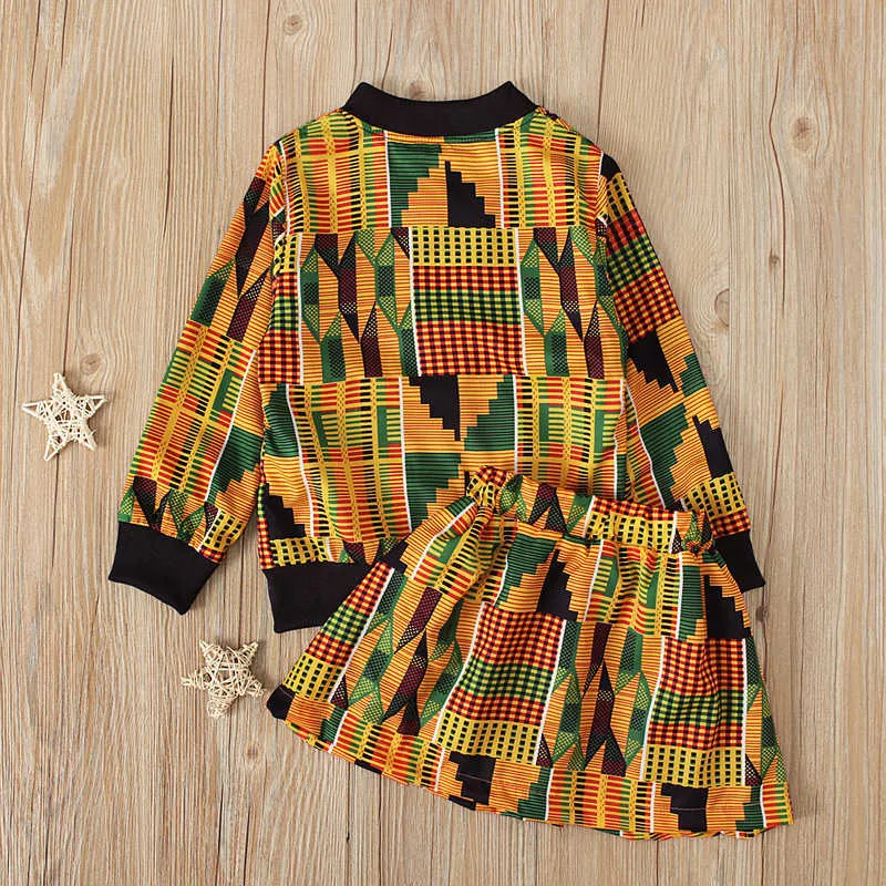 Toddler Julkläder Afrikansk Bohemian Zipper Jacka + Skirt Suit Kids Fashion 210528