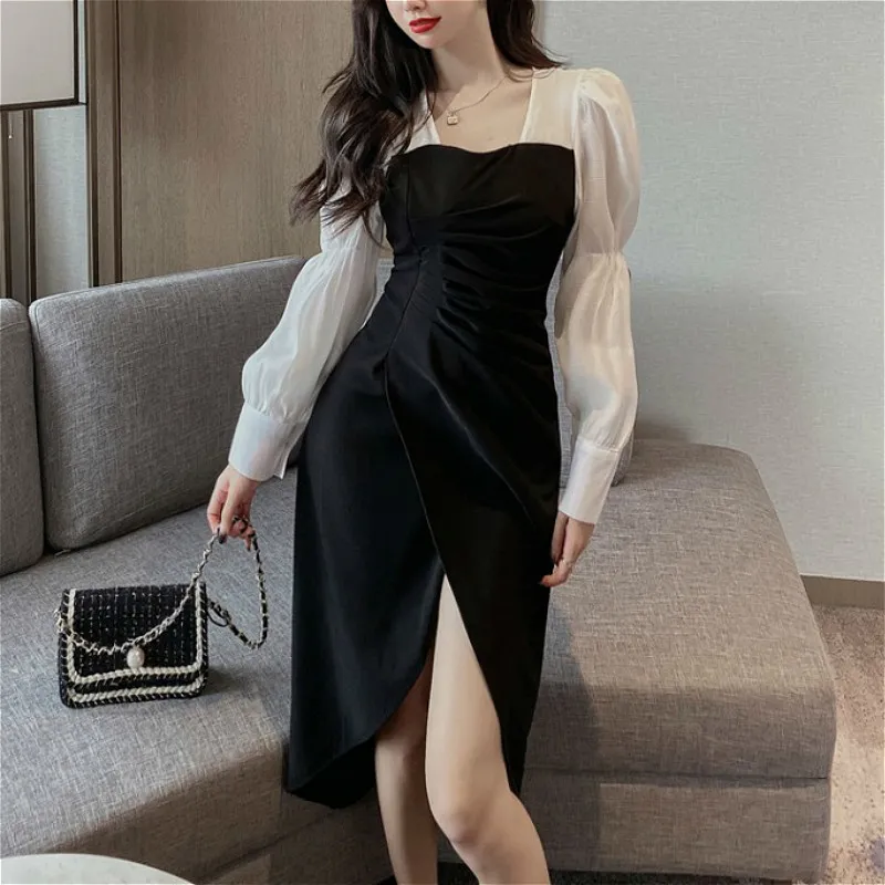 KIMUTOMOヴィンテージドレス女性香港スタイルのコントラストカラーパネル付き女性パッチワークスプリット不規則な裾Vestido de Mujer 210521