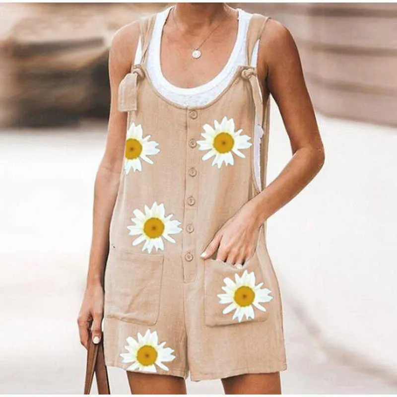 Mulheres Macacões Summer Casual Solta Manger Sem Mangas Botão Sólido Botão Suspensórios Bancos Big Calças Curtas Pens Largo Playsuits Macacões 210709