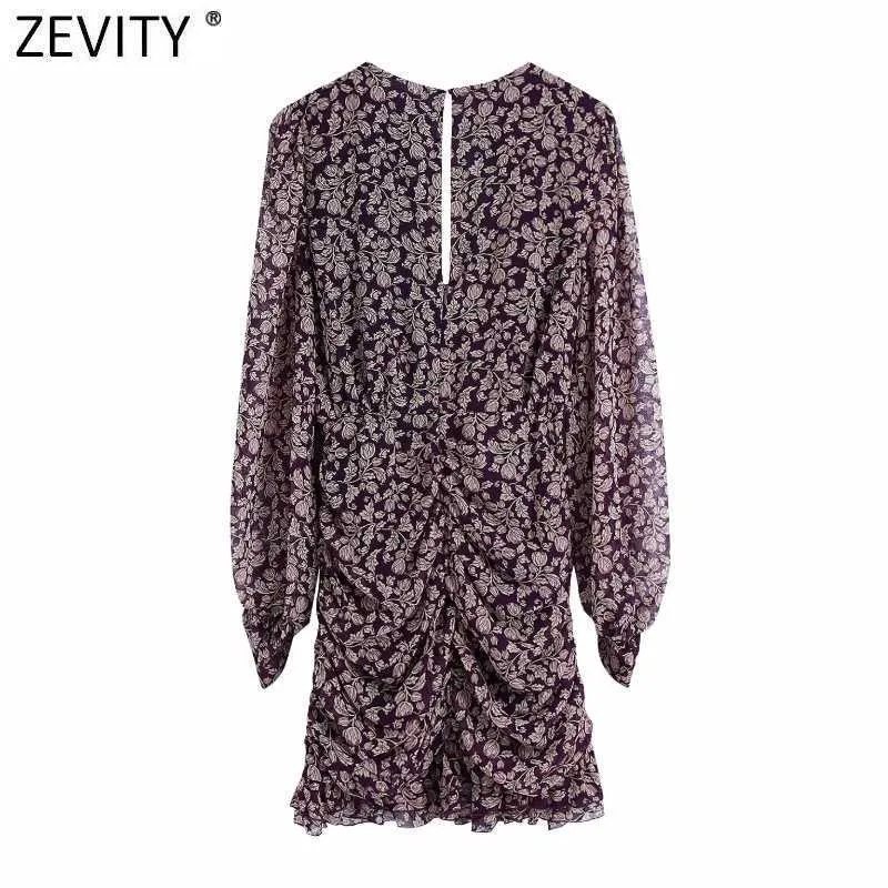 Zevity Spring女性クロスVネックフラワープリントプリーツミニドレス女性裾フリルスリムキモノvestidosシックな服DS4859 210603
