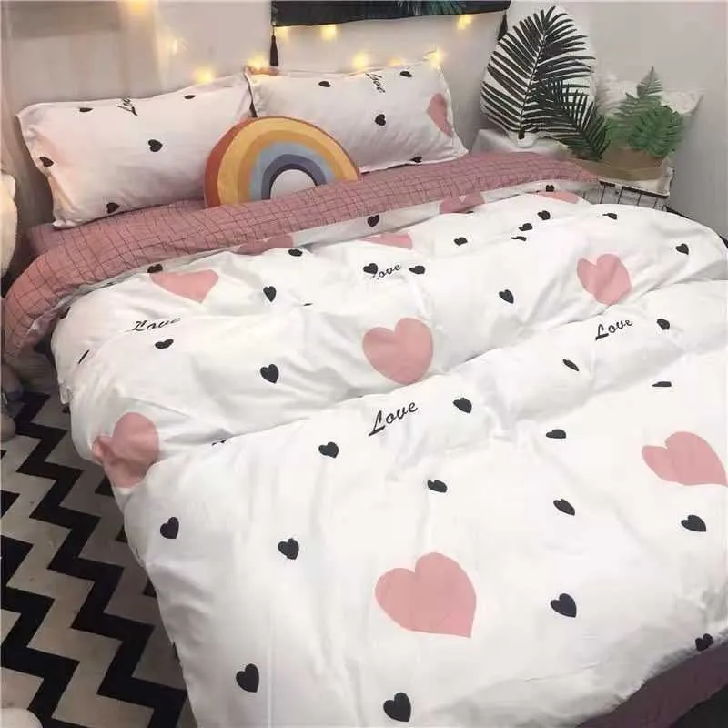 Orange Bedding Set Printed Cute Bed Linen Sheet Plaid Duvet Cover 240x220 Single Double Queen King Quilt Covers Sets Bedclothes 211007