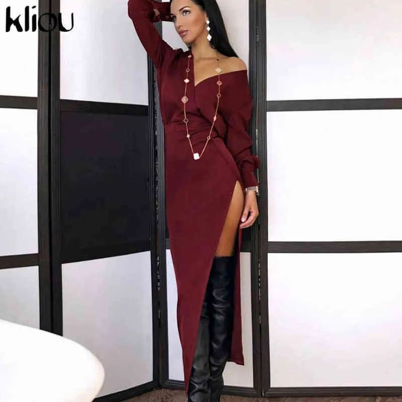 Kliou Eleganckie Maxi Dress Kobiety Classy Solid Sexy Side Slit Slim Wyjdź na spódnica z długim rękawem Low V-Neck Female Vestido de Mujer Y1204