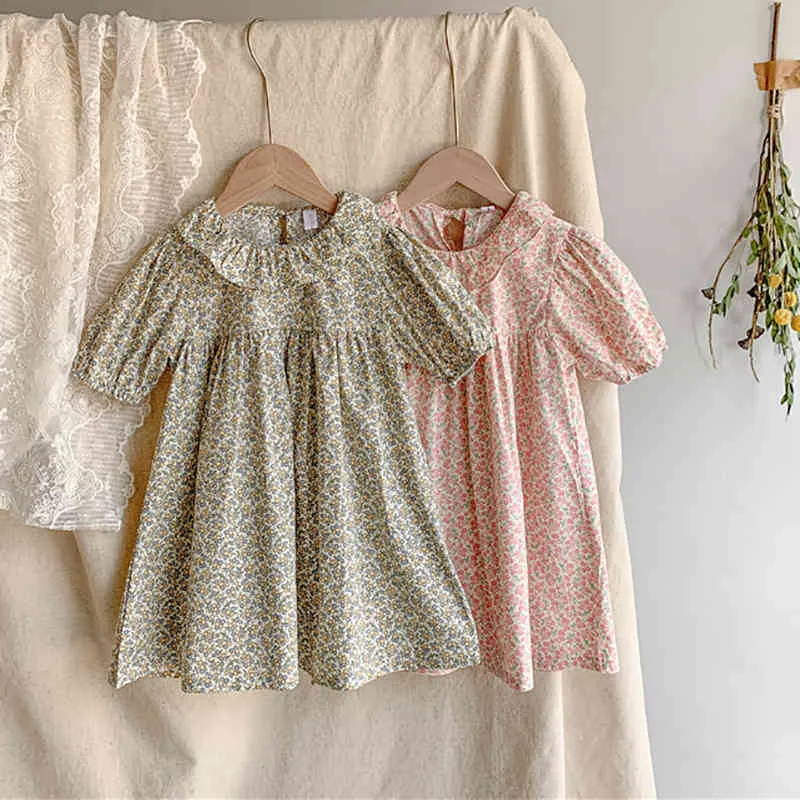 Floral Girl Dress Cute Kid Clothes Fashion Lotus Leaf Collar Cherry Print Short-sleeve Children's 210515