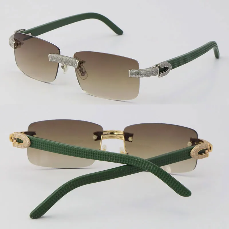 Nouvelles lunettes de soleil sans monture en diamant micro-pavé Original Green Plank Mens Rocks Cadre Homme et Femme Lunettes 18K Or C Décoration Wom203I