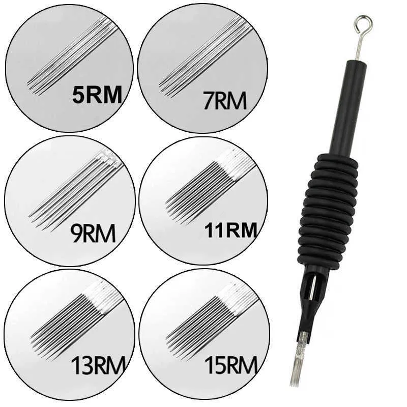 10ピースRMタトゥーニードル滅菌使い捨てタトゥーノズルニードルチップとチューブグリップ5/7/7/9/11 / 15rmタトゥーチューブ機械供給210608