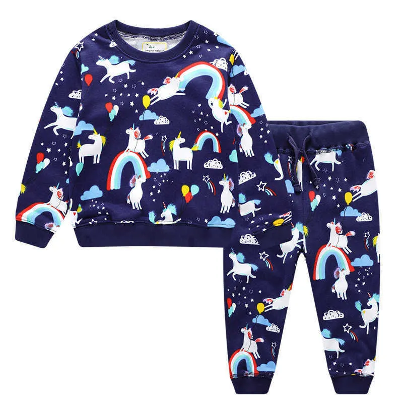 Atlama Metre Unicorn Bebek Kız Kıyafet Giyim Setleri Toddler Çocuklar Uzun Kollu Kazak Ve Tam Pantolon Gökkuşağı Moda Takımları 210529