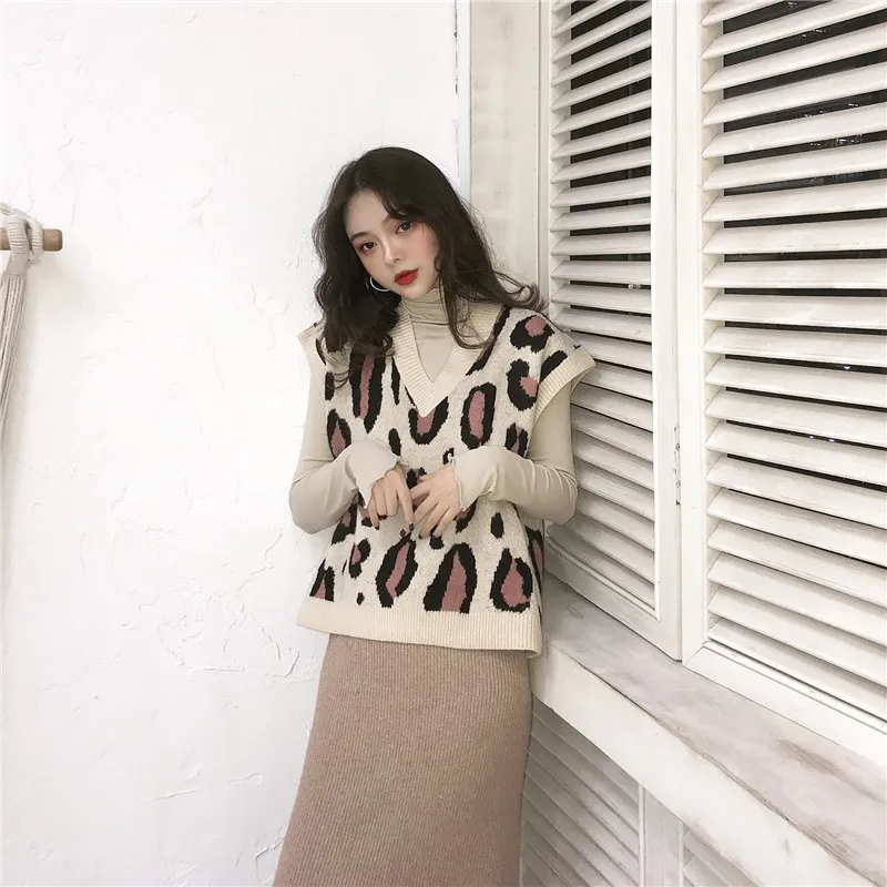 Pull tricoté à col en V pour femmes, automne printemps, vêtements d'extérieur, tricot décontracté, fille coréenne chic léopard 210430