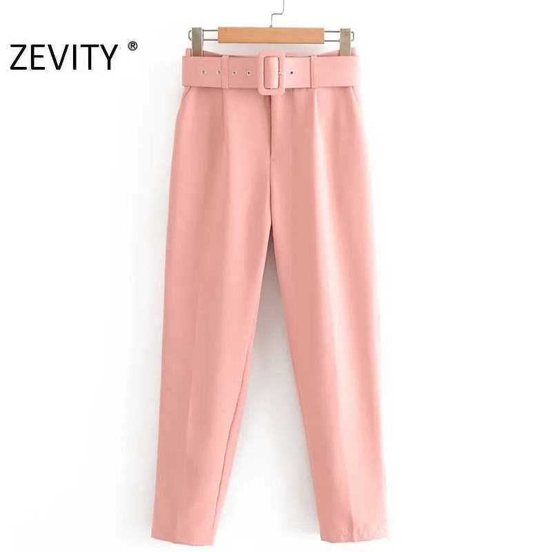 Satış Kadınlar Şeker Renk Pantolon Kırmızı Pembe Chic Sashes Iş Pantolon Kadın Sahte Fermuar Pantalones Mujer P953 210925