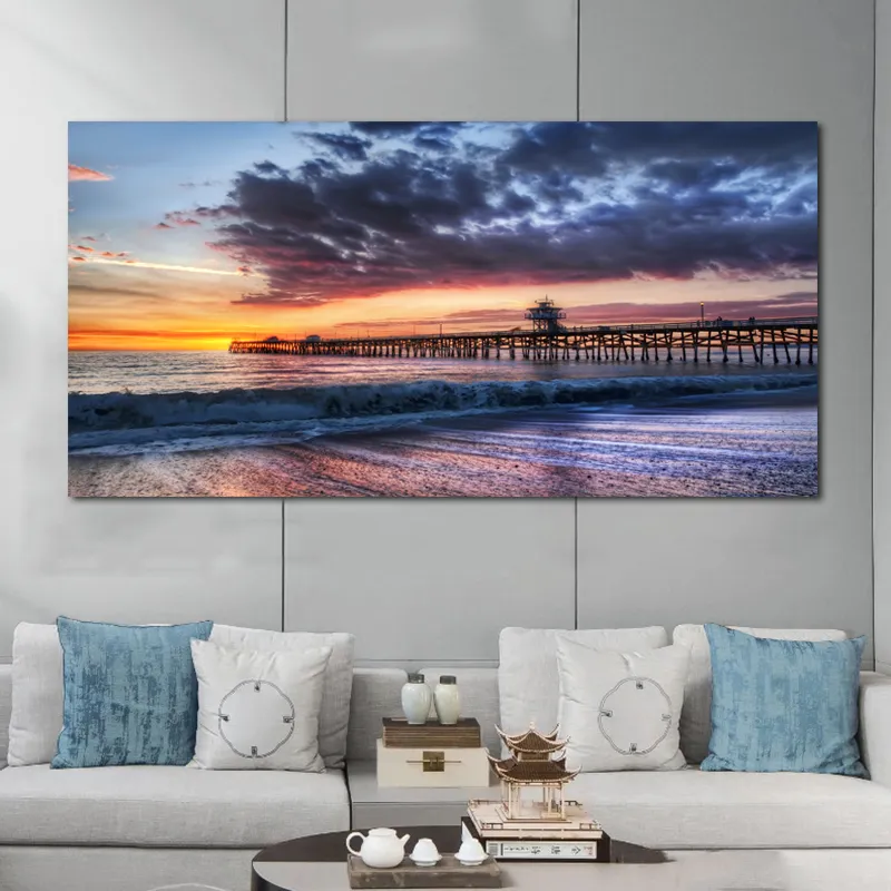 Sea Beach Bridge Poster und Drucke Landschaft Bilder Leinwand Malerei HD Bilder Home Decor Wandkunst für Wohnzimmer Sonnenuntergang6517213