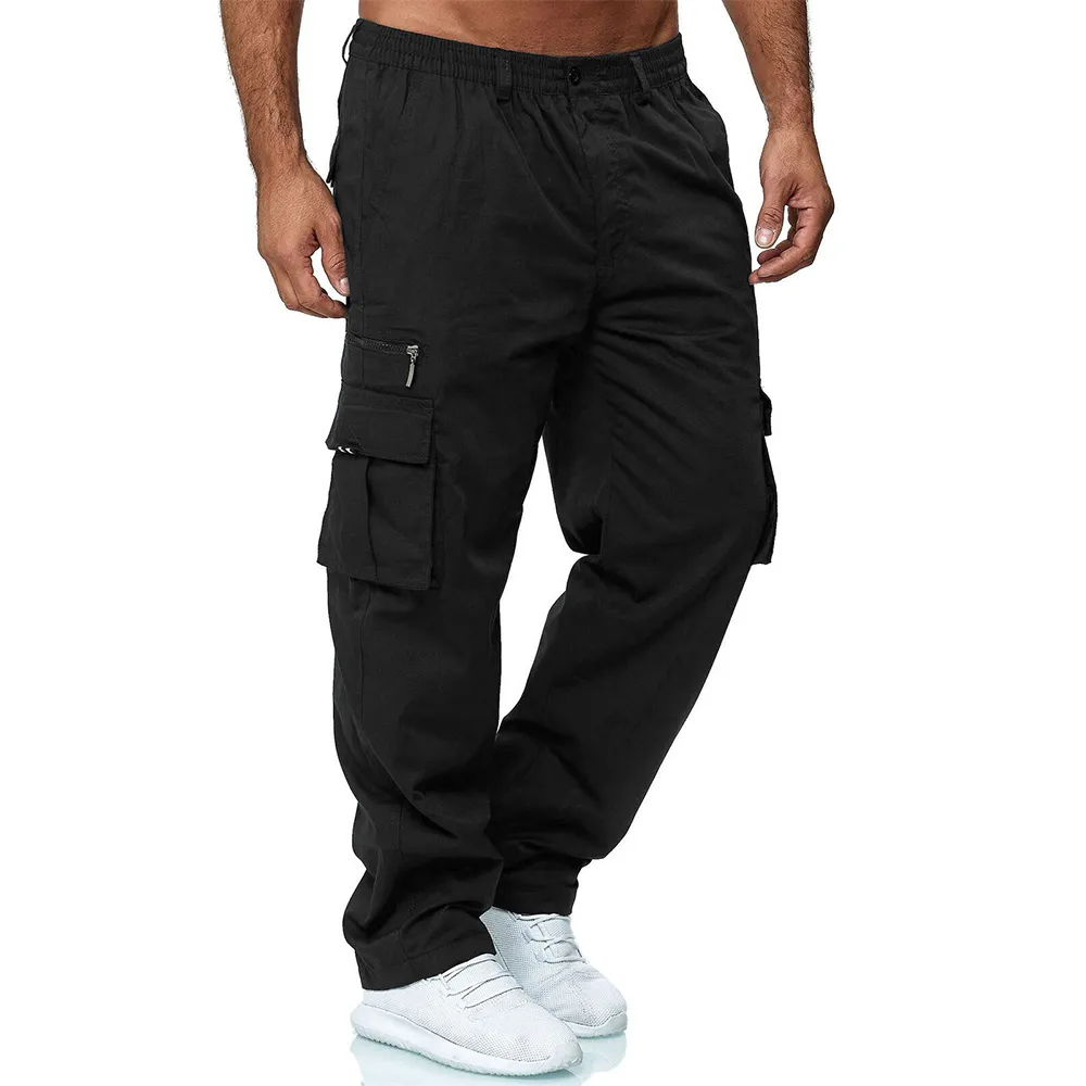 스타일 블랙 바지 남자 남성 단단한 멀티 포켓화물 바지 지퍼 전술 바지 탄성 허리 긴 아웃복화물