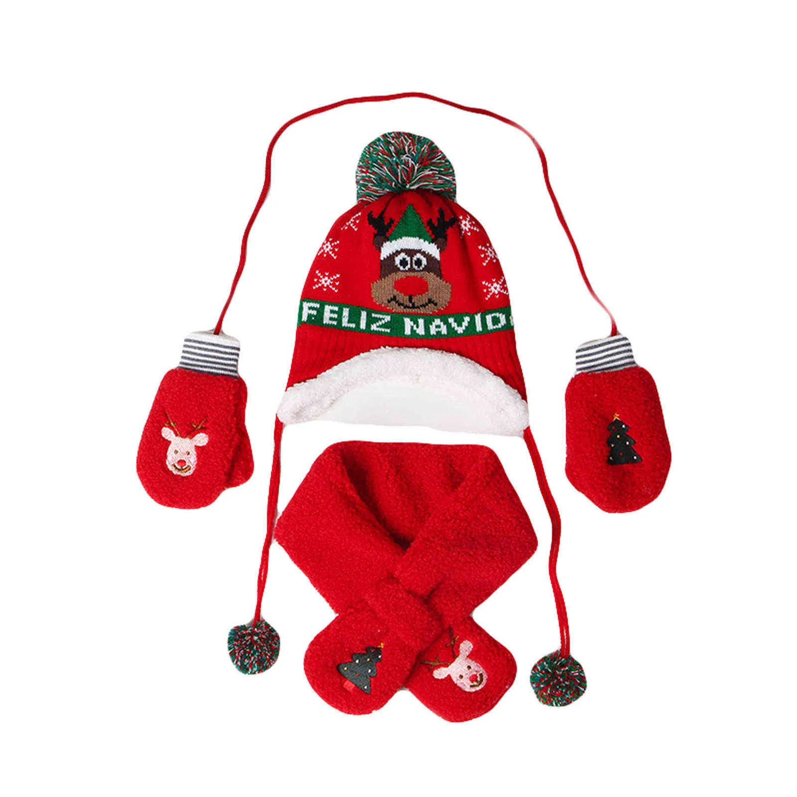 Bambini Inverno Cappelli Caldi Sciarpa Guanti Set Berretti Bambini Berretto Peluche Lavorato a Maglia Ragazza Ragazzo Bambino Natale Rosso