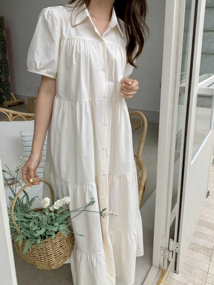 コレヒパアの女性のドレス夏の韓国のシックな穏やかなミントグリーンラペルシングルブレストプリーツステッチルースパフスリーブvestido 210526