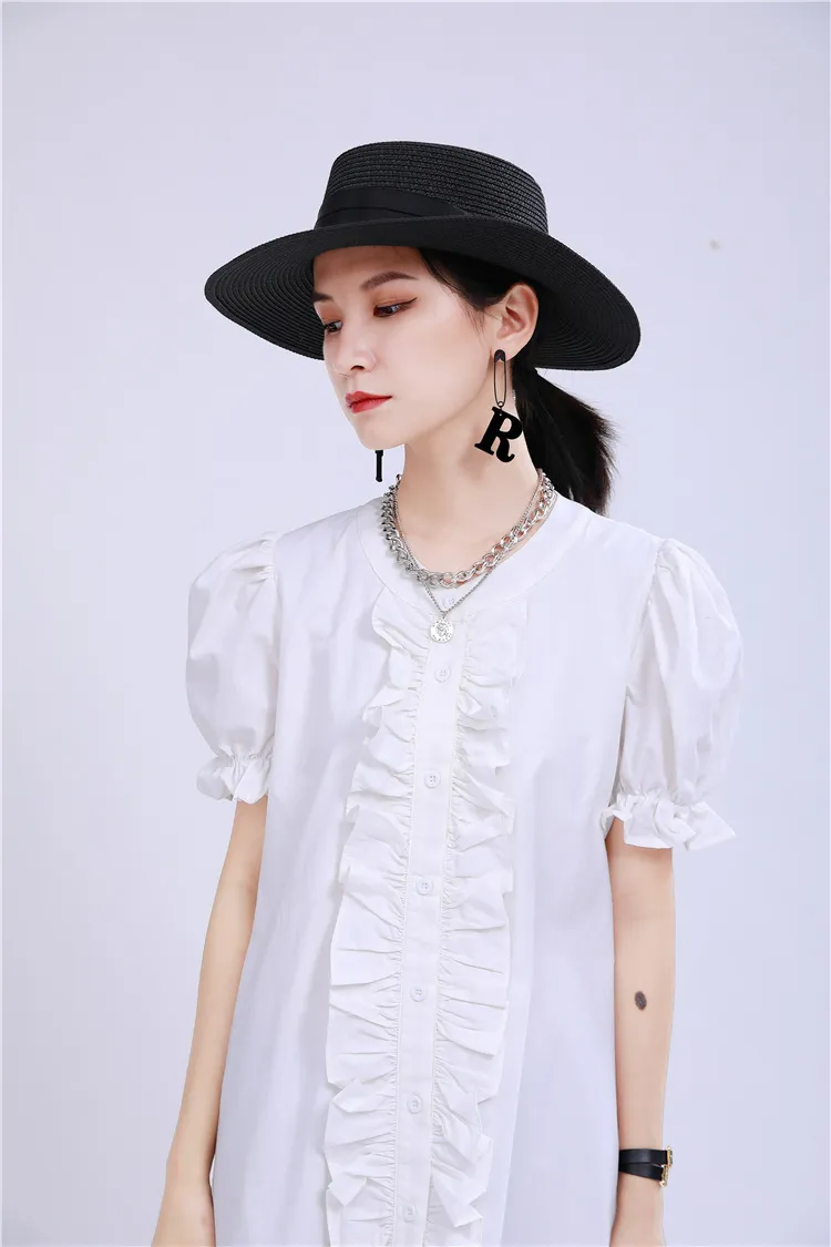 [EAM] Women White Ruffles Split Joint Temperament Dress Round Neck Short Sleeve Loose Fit Fashion Spring Summer 1W191 21512