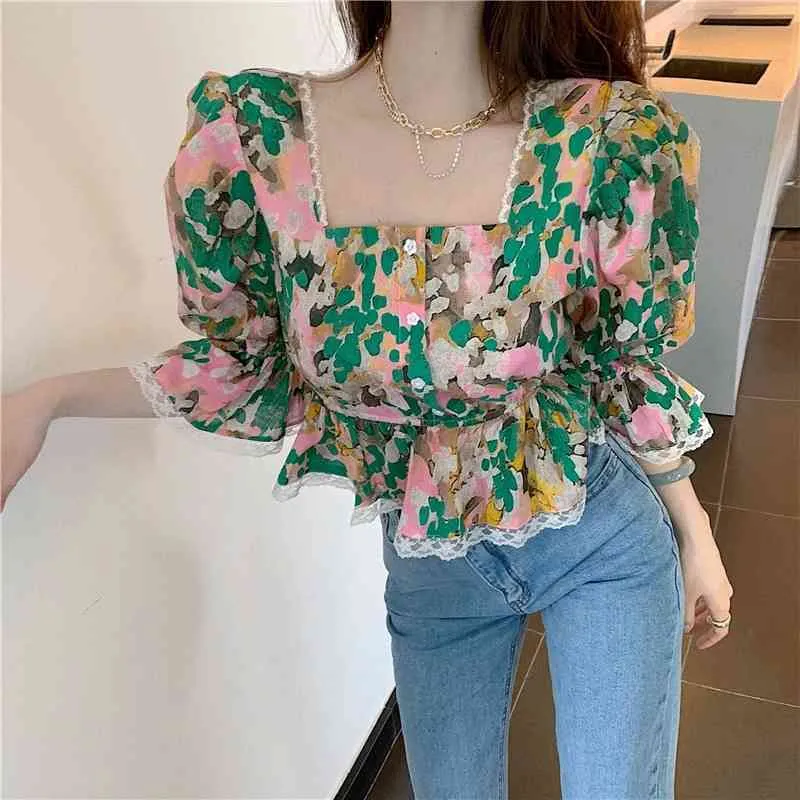 Ezgaga Blouse Shirts Women Square Collar Half Puff Sleeve Lace Patchwork Spring Button Solid All-Match Crop Tops Casual 210430