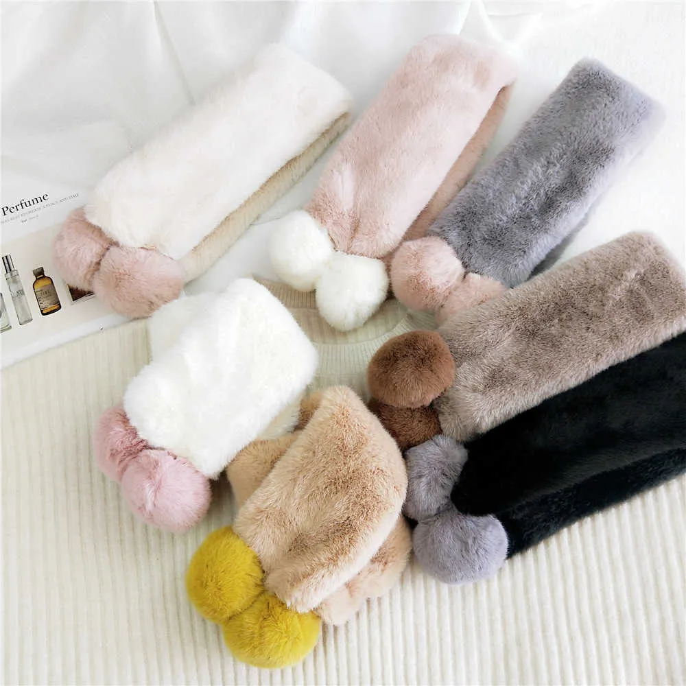 Faux Fur Collar Neck Warmer Plush Scarf Solid Color Double Fur Ball Snood Scarf Pompom Faux Rabbit Fur Soft Thicken Long Scarves H0923