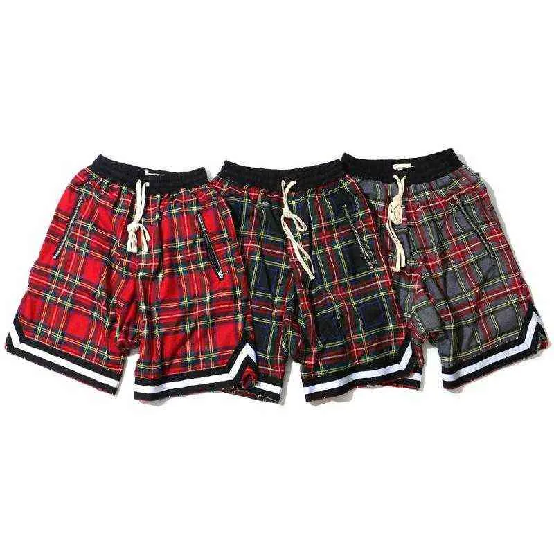 Erkek İskoç Ekose Şort Büyük Boy Baggy Şort Streetwear Mesh Tartan Bırak Crotch Şort Erkekler Yan Zip Streç Diz Boyu H1210