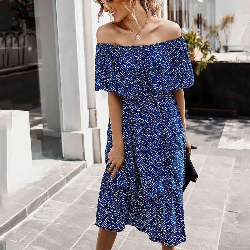 Été Élégant Boho Cupcake Imprimer Dot Midi Robe Femme Sexy Mode Slash Col Col Plage Robes Femmes Sundresses Vestidos 210514