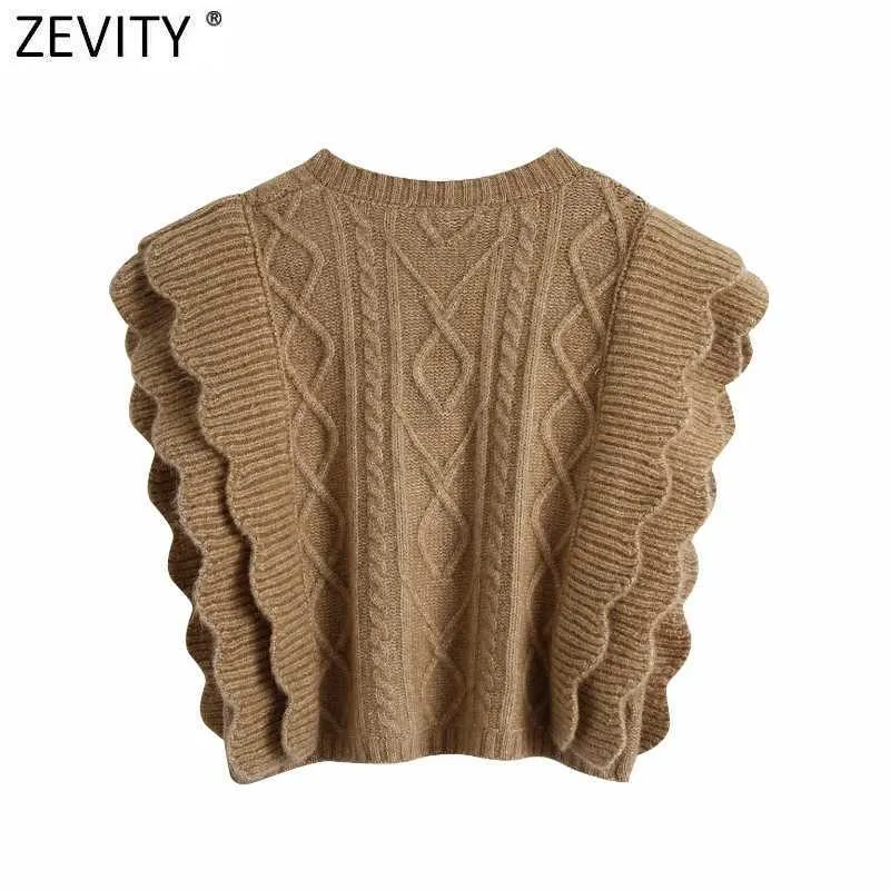 Zevity Moda donna scollo a V all'uncinetto maglione lavorato a maglia femminile senza maniche a cascata volant gilet casual pullover chic top S520 210603