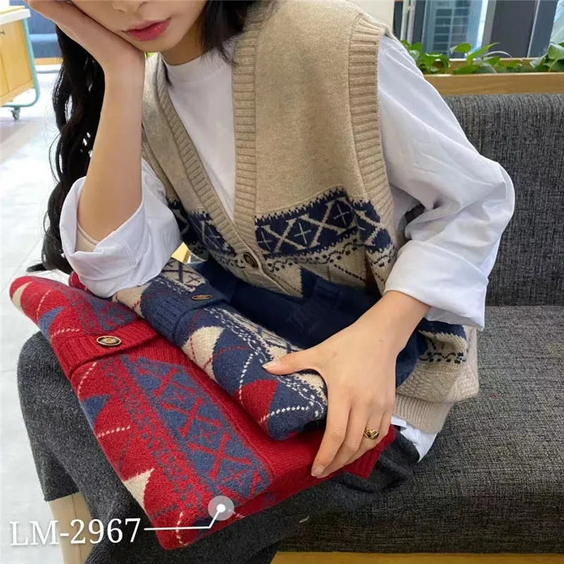 Women's Contrast diamond Printed Sweaters Vest Autumn Korea Knitting Tank Tops Spring Female Loose Drop 210514