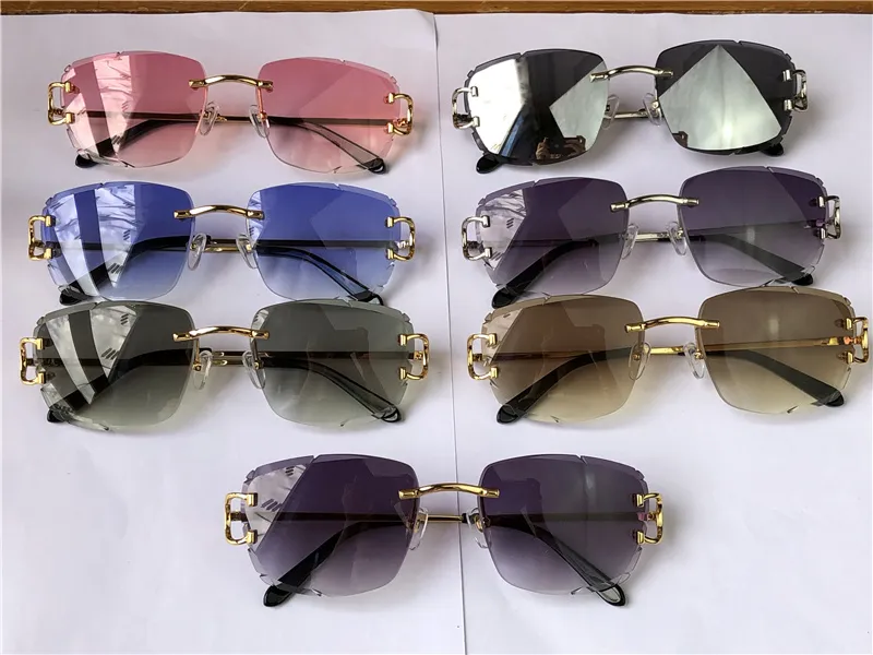 Sunglasses Retro Sunglasses Men Design Rimless Crystal Cut Surface Irregular Glasses Uv400 Gold Light Color Lenses Summer Eyewear 0112 with Case Top Quality En1n
