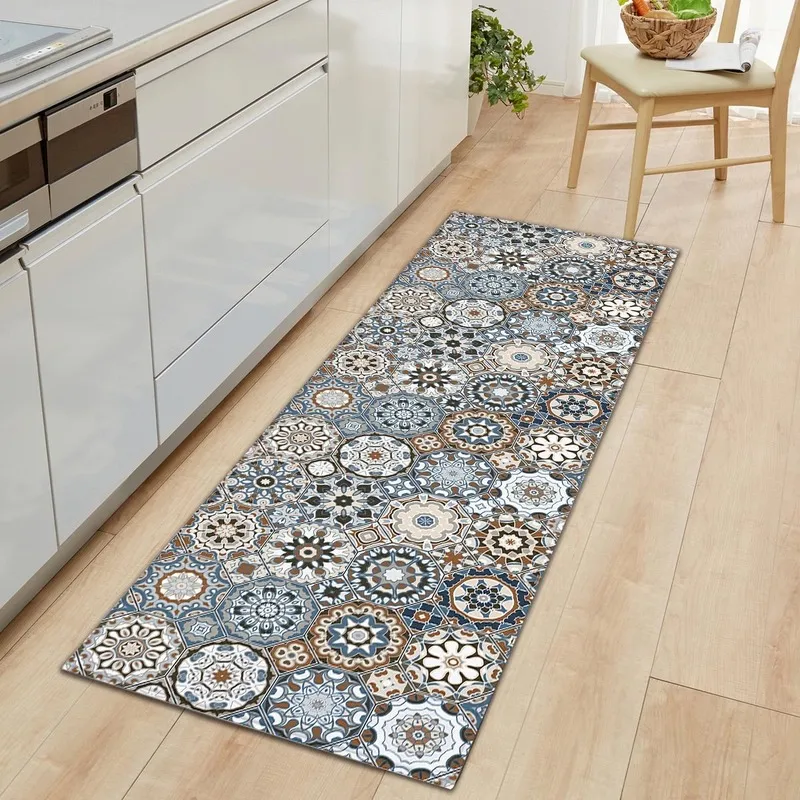Tiles Pattern Kitchen Mat Carpet Boho Flannel Anti-slip Door Entrance Soft Rugs s for Living Room Bedroom Bathroom 220301