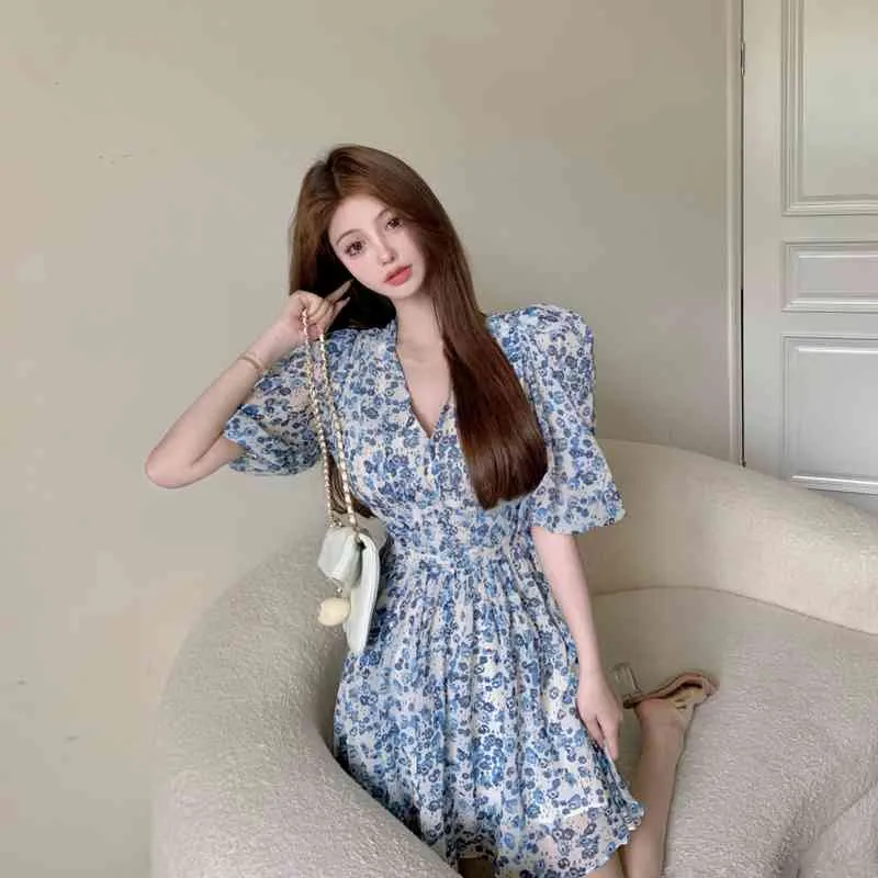 Ezgaga V-Neck Elegant Floral Printed Chiffon Mini Dress Women Short Sleeve Summer New Loose Thin A-Line Sexy Dresses Vestidos 210430