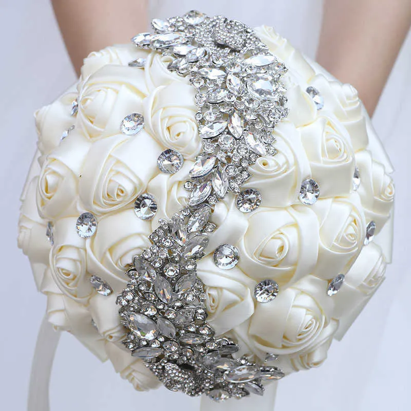Buquês de casamento de cetim de cristal segurando flores artificiais fita casamento nupcial dama de honra buquê de diamante floresdeboda w445 x07265505367