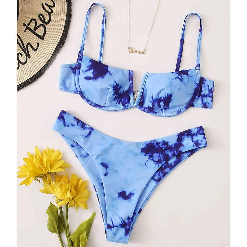 MYTENG Tie-Dye 2-teiliges Set Bikini V-Ausschnitt Badeanzug für Frauen Low Waist Push Up Badeanzug Bügel Bademode Tanga Biquini 210522