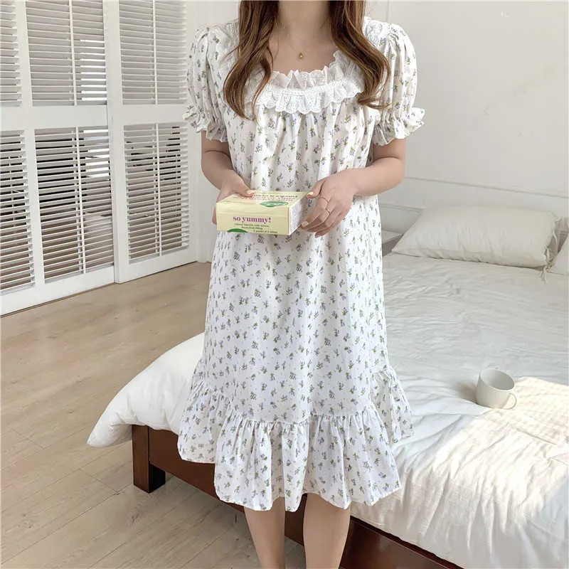 Princess Chic Summer Sleepwear Loose Girls Homewear Stampa in pizzo Sweet All Match Elegante pigiama Dress 210525