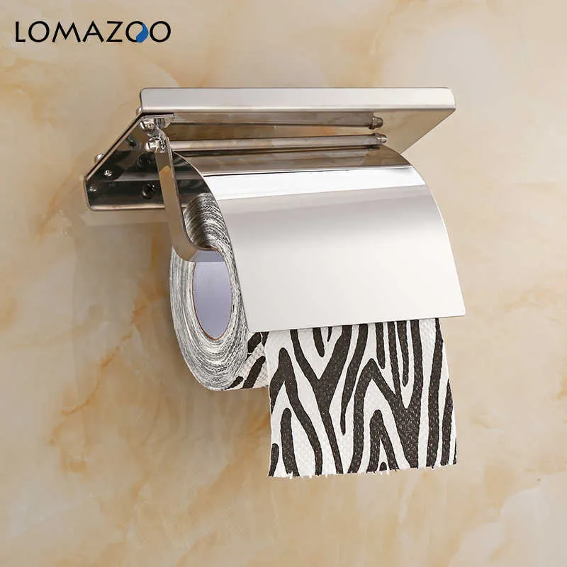 Concise Wall Mount Toilet Paper Holder Bathroom Fixture Stainless Steel Roll Holders with Phone Shelf With baf 210709