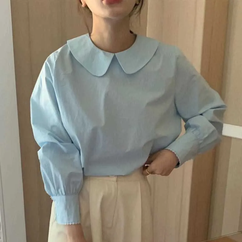 Korejpaa Dames Blouse Fashion Koreaanse Chic Gentle Cream Blue Solid Doll Collar Top Back Back Hollow Plooy Bubble Sleeve Shirt Elegant 210526