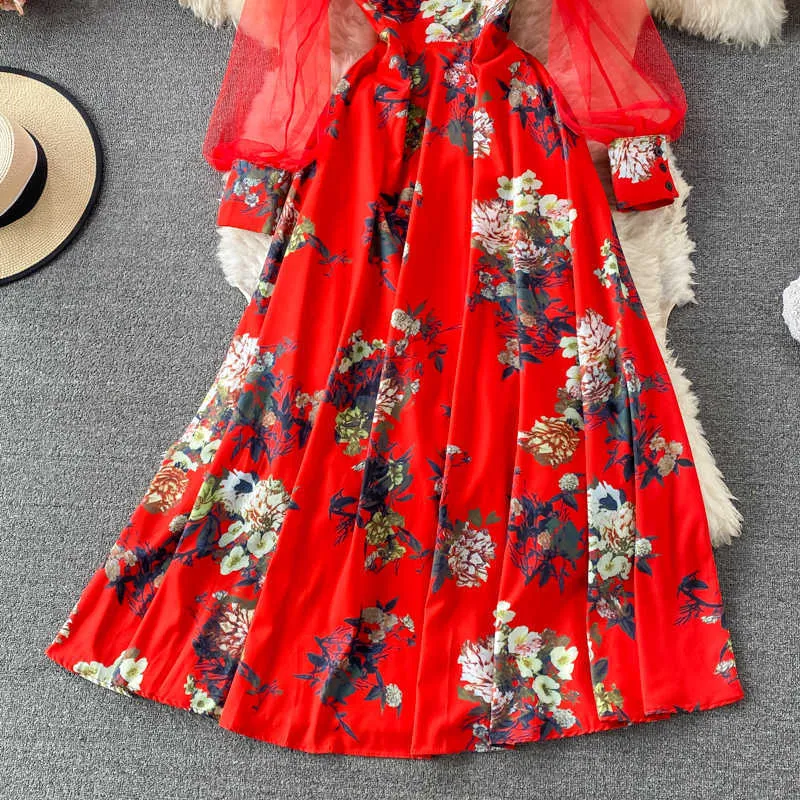 Bohemian Rot/Gelb/Rosa Floral Langes Kleid Frauen Elegante Mesh Langarm Patchwork Chiffon Vestidos Weiblichen Frühling Sommer 2021 Y0603