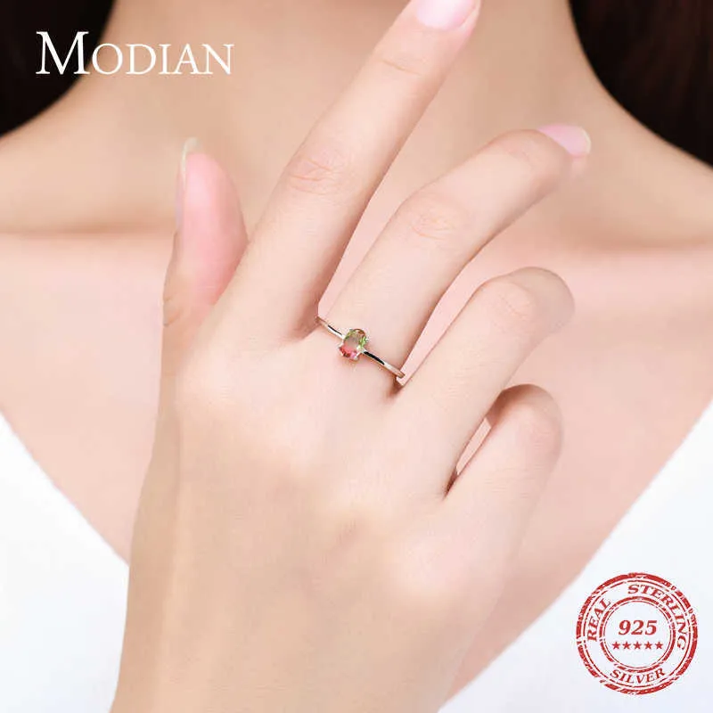 Modian 925 Silver Silver Colorful pasmelon tourmaline anneaux pour femmes Fashion Finger Band Bijoux de style coréen Anel 21061211F