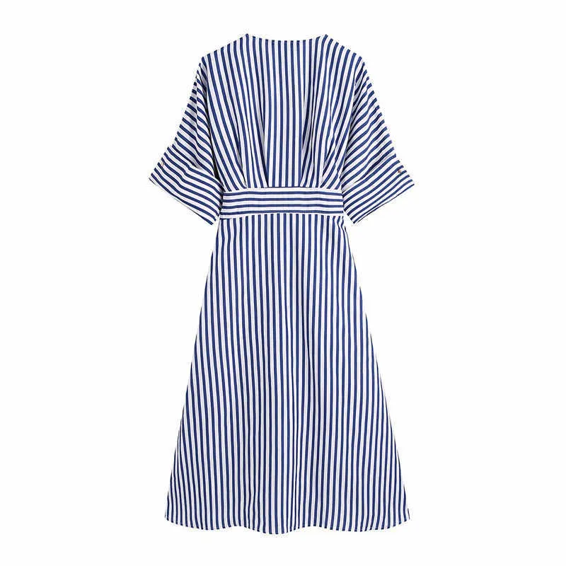 Za lato niebieski paski długi suknia damska rocznik z krótkim rękawem v szyi wiązane biuro pani sukienki moda przycisk w górę sukienka 210602