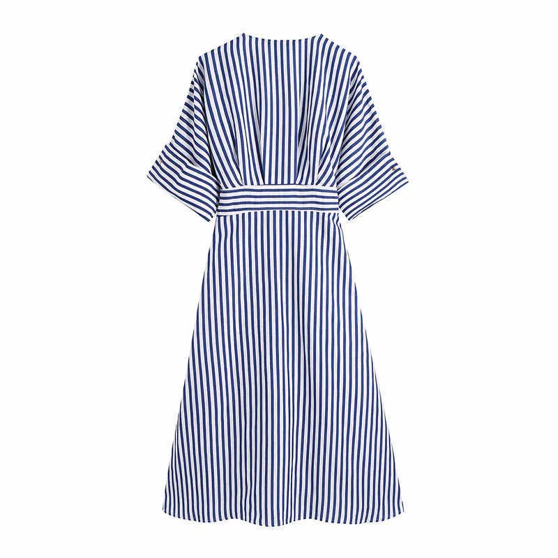 Za verão azul listrado vestido longo mulheres vintage manga curta v pescoço amarrado escritório senhora vestidos moda botão para cima mulher vestido 210602