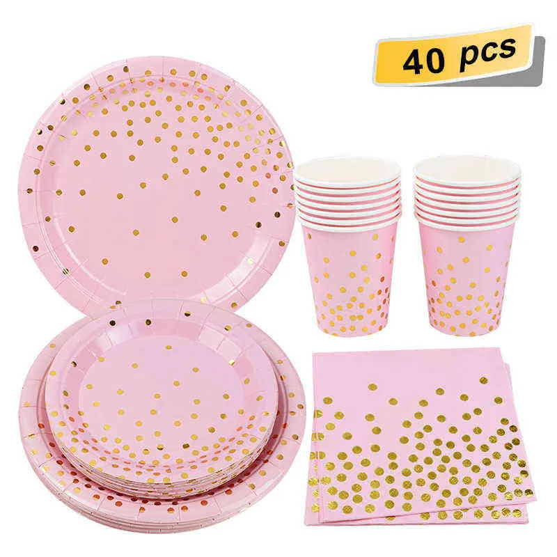 Disposable Party Tableware Set Gold Disposable Cups Plates Paper Napkins for Wedding Adult Kids Birthday Party Decorations 211216