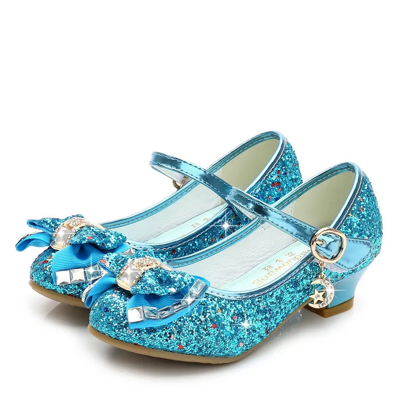 Princesa Niños Zapatos de cuero para niñas Flor Casual Glitter Niños Tacón alto Nudo de mariposa Azul Rosa Plata 220211