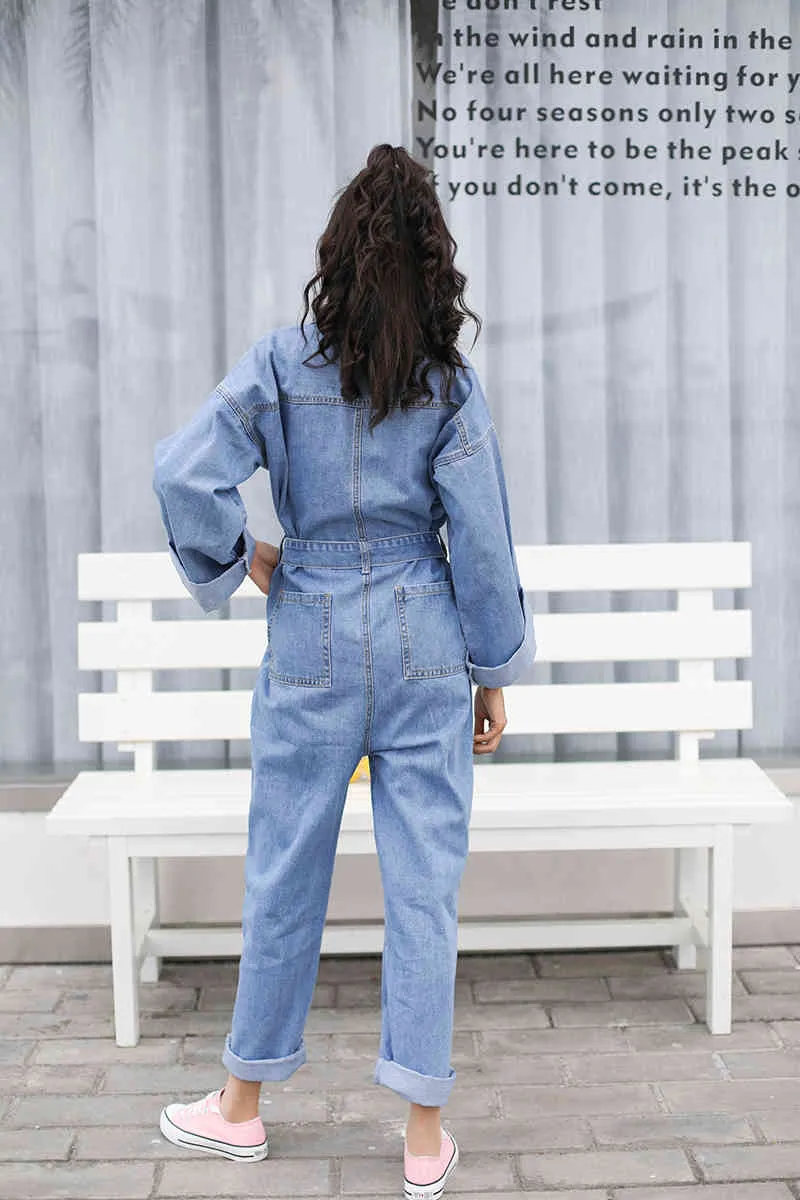 Kvinnor denim jumpsuit romper långärmad kvinnor lösa lapel enkelbröst jeans jumpsuit damer denim byxor brett ben overall 210326