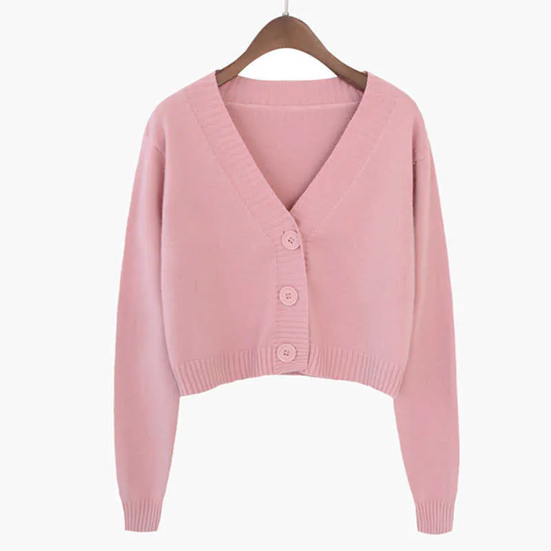 Zoki Corp Cardigan Sweater Herfst Lange Mouw Zachte Sexy V-hals Gebreide Koreaanse korte Top Casual Single Breasted Pink Dunne Blouse 211011
