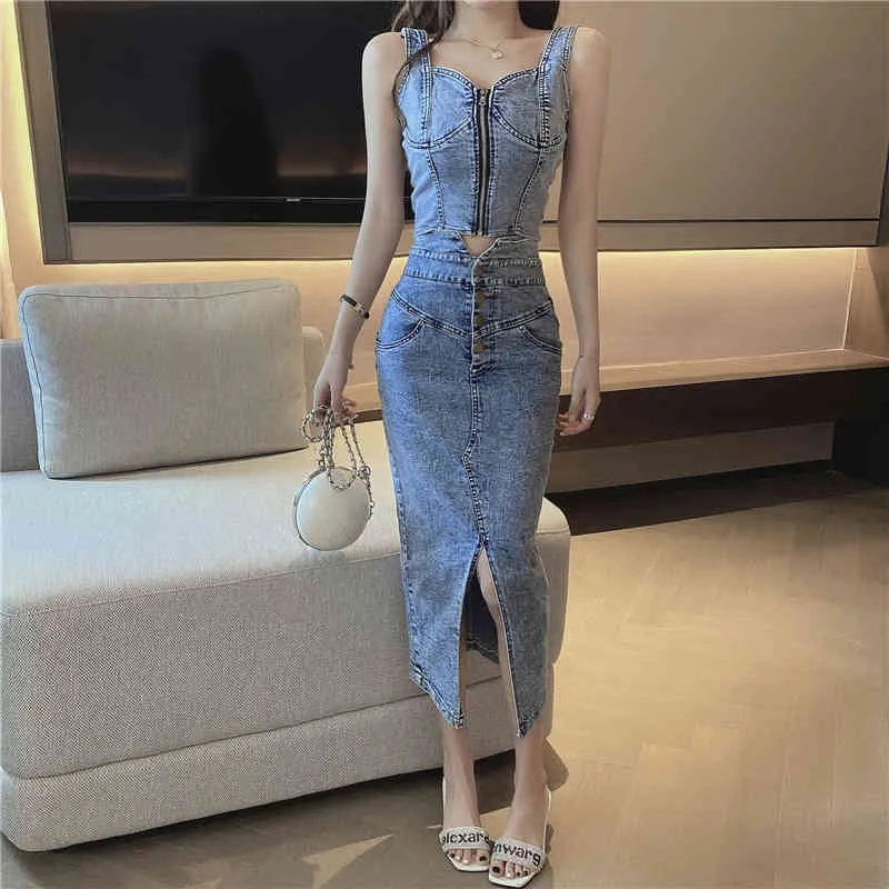 Women Denim Two Piece Sets Summer Sexy V-neck Crop Tops and Midi Wrap Skirts Outfits Woman Street Style Jeans Suits 210525
