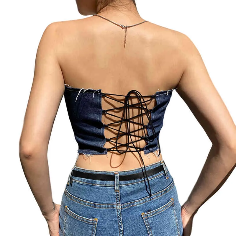 Dames Tube Tops Stitching Color Patchwork Mouwloze Backless Bandage Lace-up Slanke Fit Zomer 210522